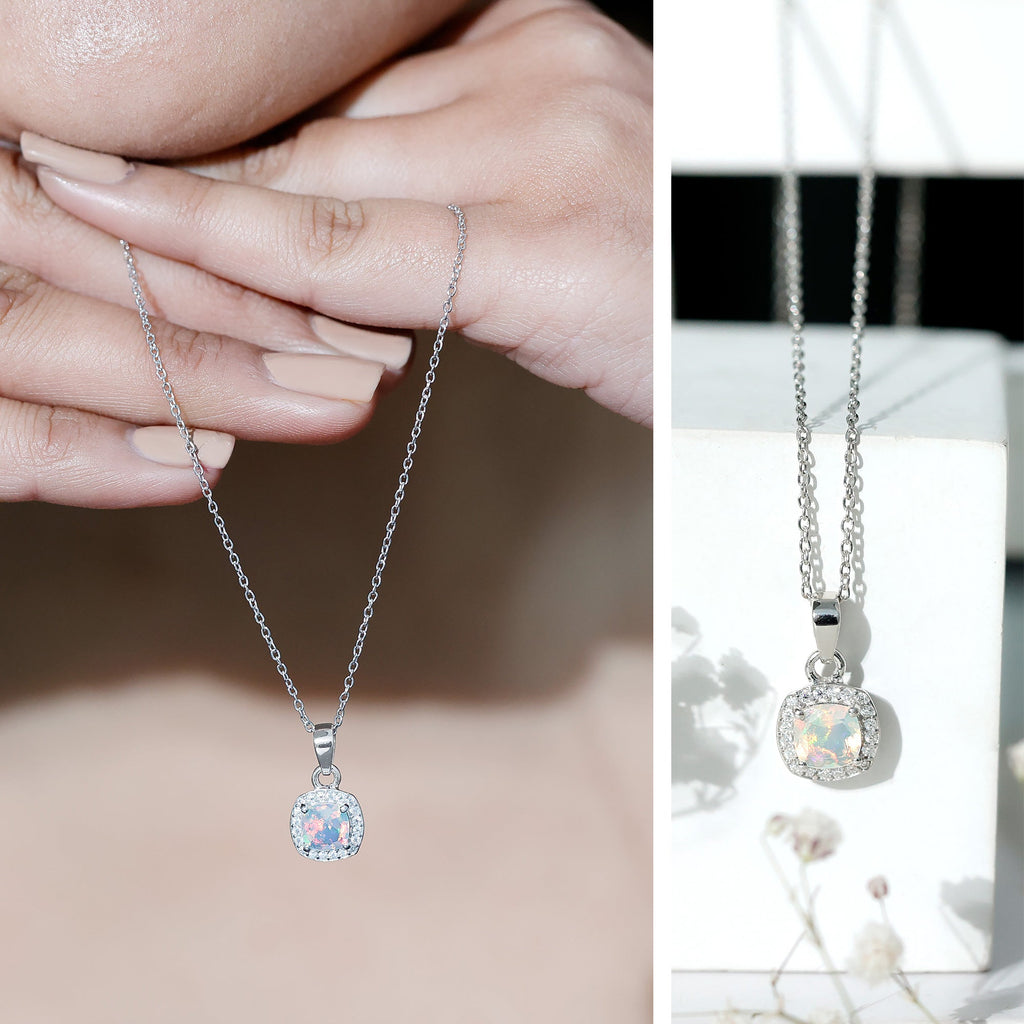 Cushion Cut Rainbow Opal and Moissanite Halo Pendant Necklace