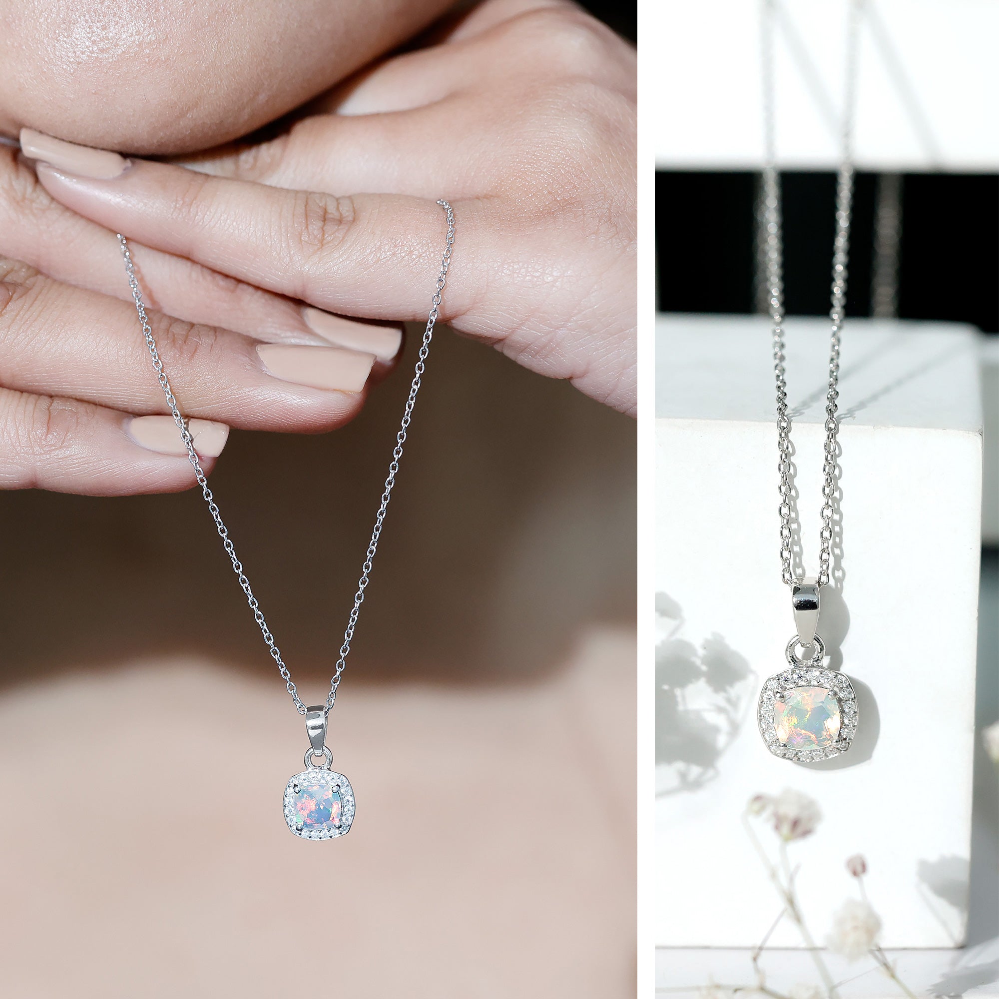 Cushion Cut Rainbow Opal and Moissanite Halo Pendant Necklace