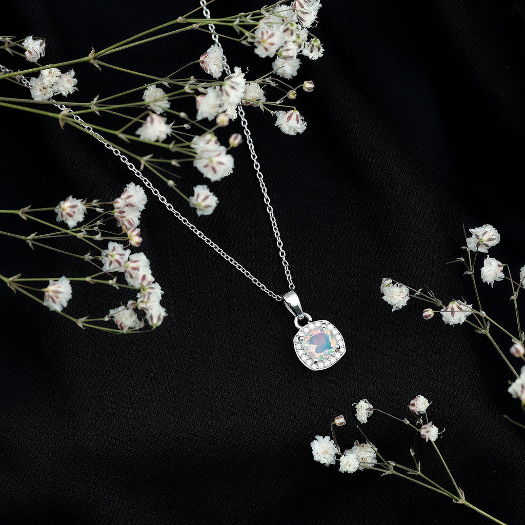 Cushion Cut Rainbow Opal and Moissanite Halo Pendant Necklace