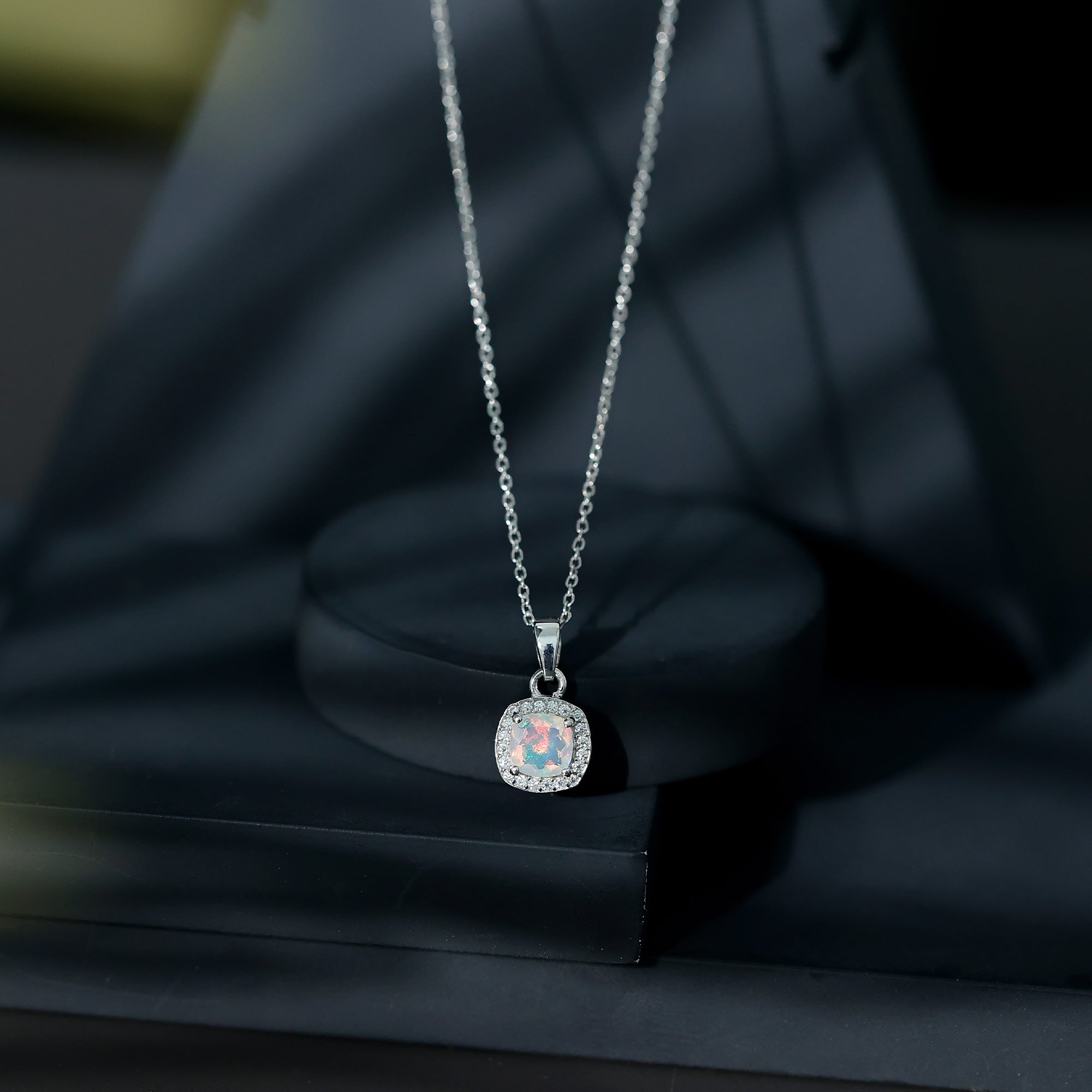 Cushion Cut Rainbow Opal and Moissanite Halo Pendant Necklace
