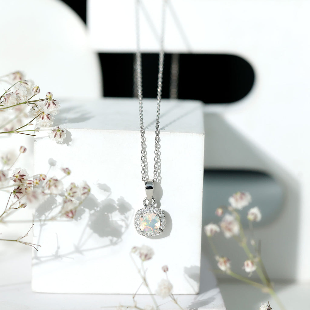 Cushion Cut Rainbow Opal and Moissanite Halo Pendant Necklace
