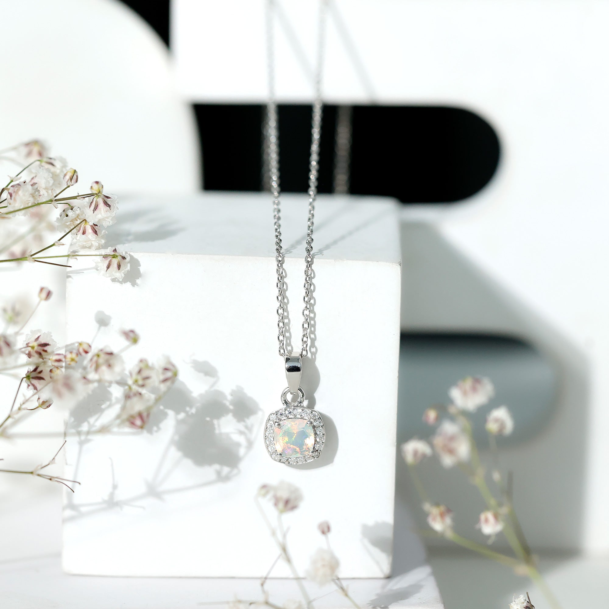 Cushion Cut Rainbow Opal and Moissanite Halo Pendant Necklace