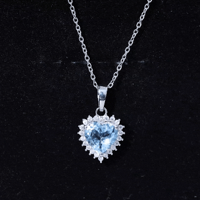 Real Sky Blue Topaz Heart Necklace with Moissanite Halo