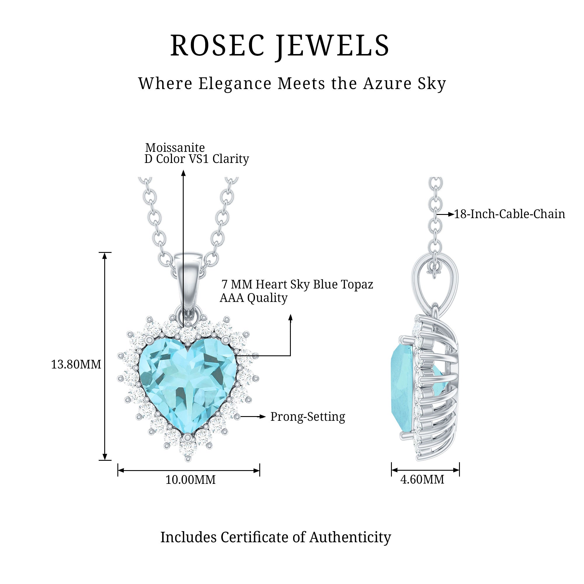 Real Sky Blue Topaz Heart Necklace with Moissanite Halo