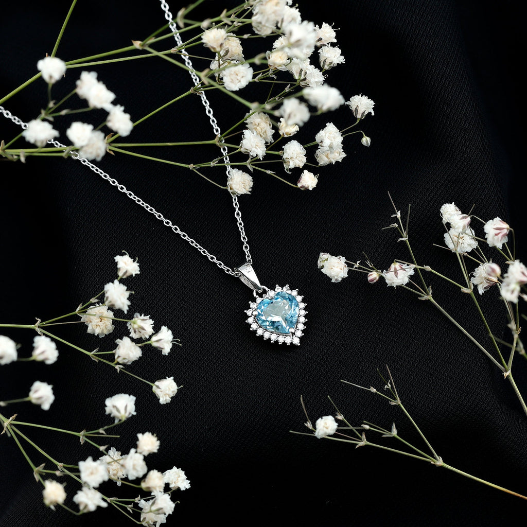 Real Sky Blue Topaz Heart Necklace with Moissanite Halo