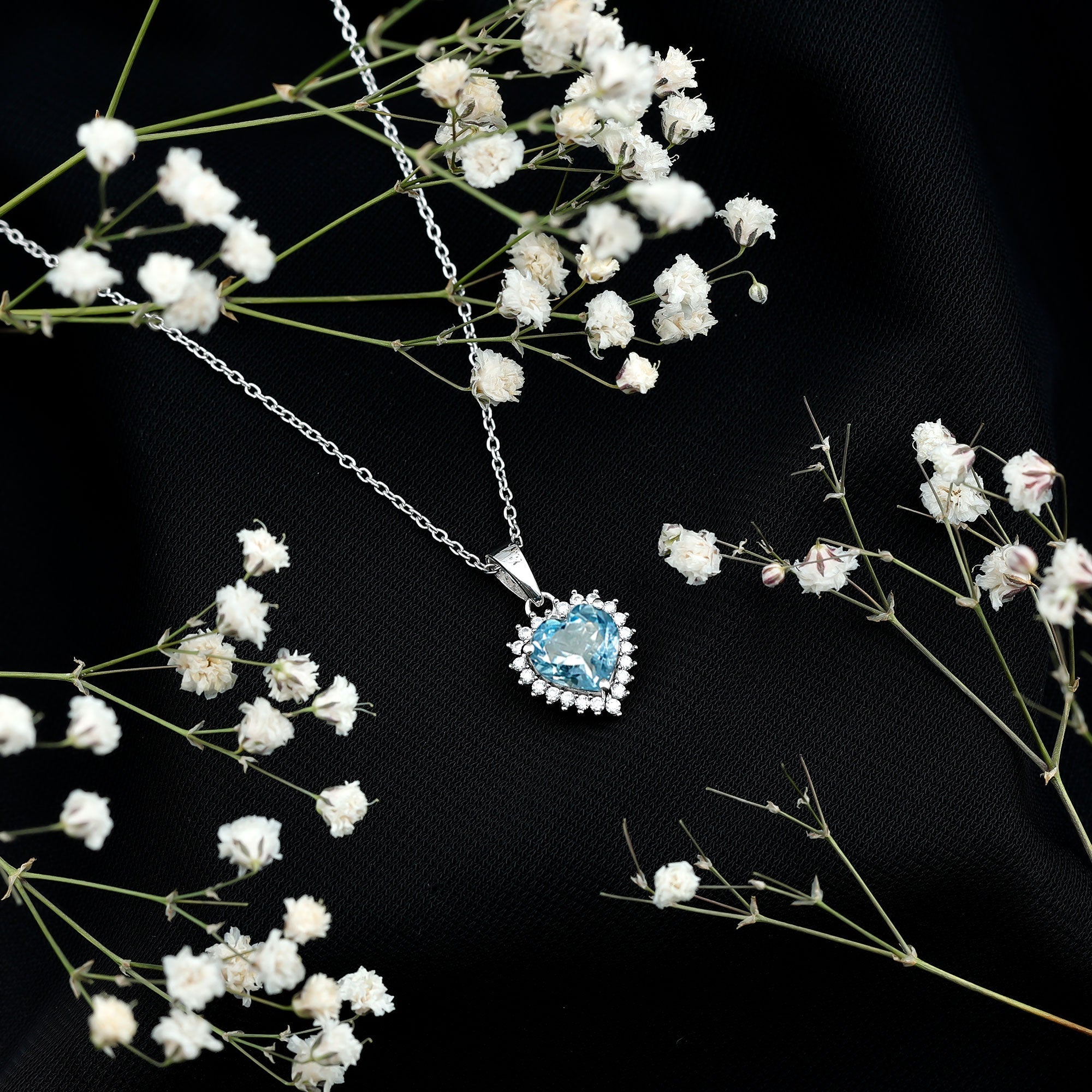 Real Sky Blue Topaz Heart Necklace with Moissanite Halo