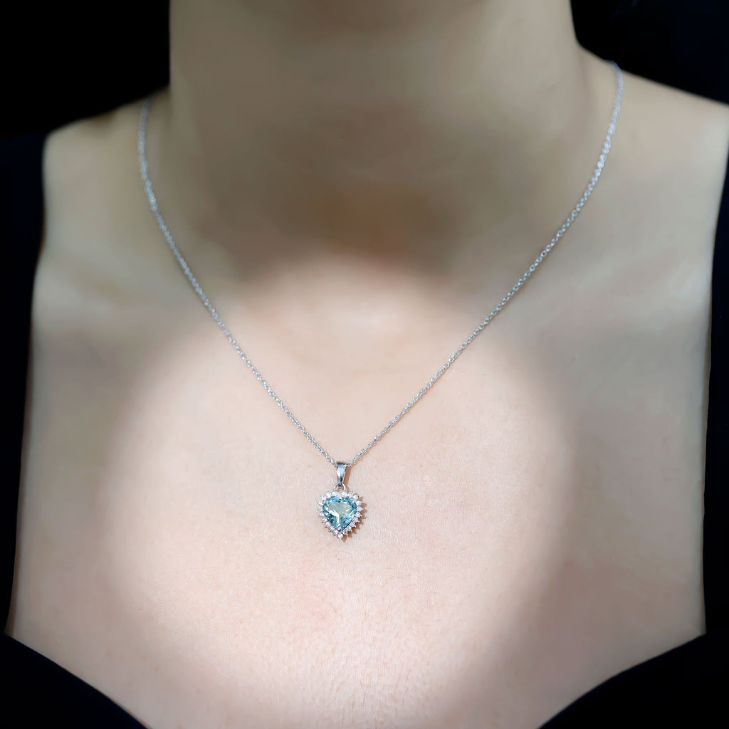 Real Sky Blue Topaz Heart Necklace with Moissanite Halo