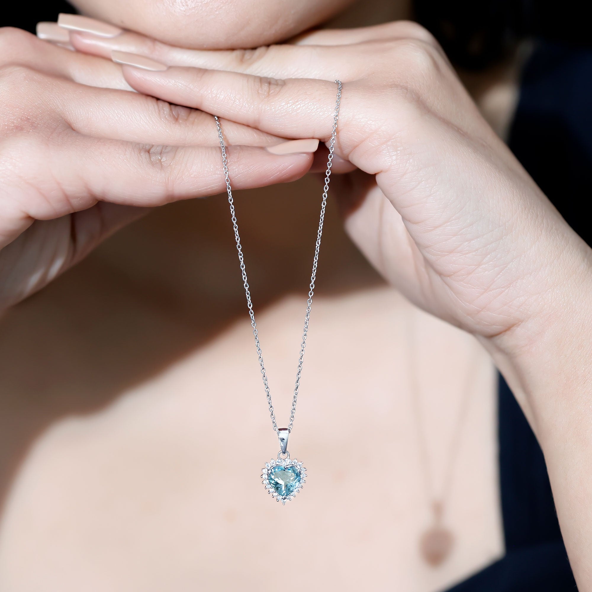 Real Sky Blue Topaz Heart Necklace with Moissanite Halo
