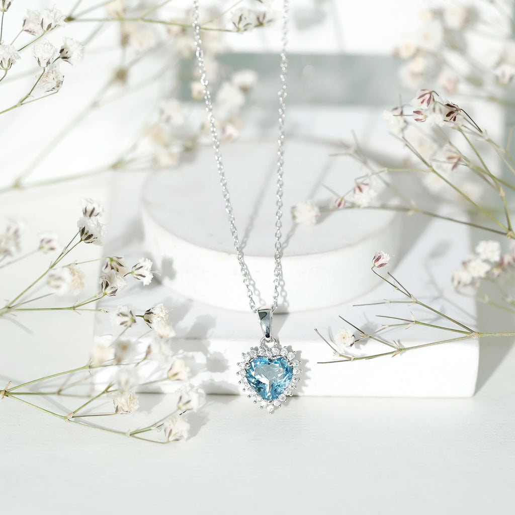 Real Sky Blue Topaz Heart Necklace with Moissanite Halo