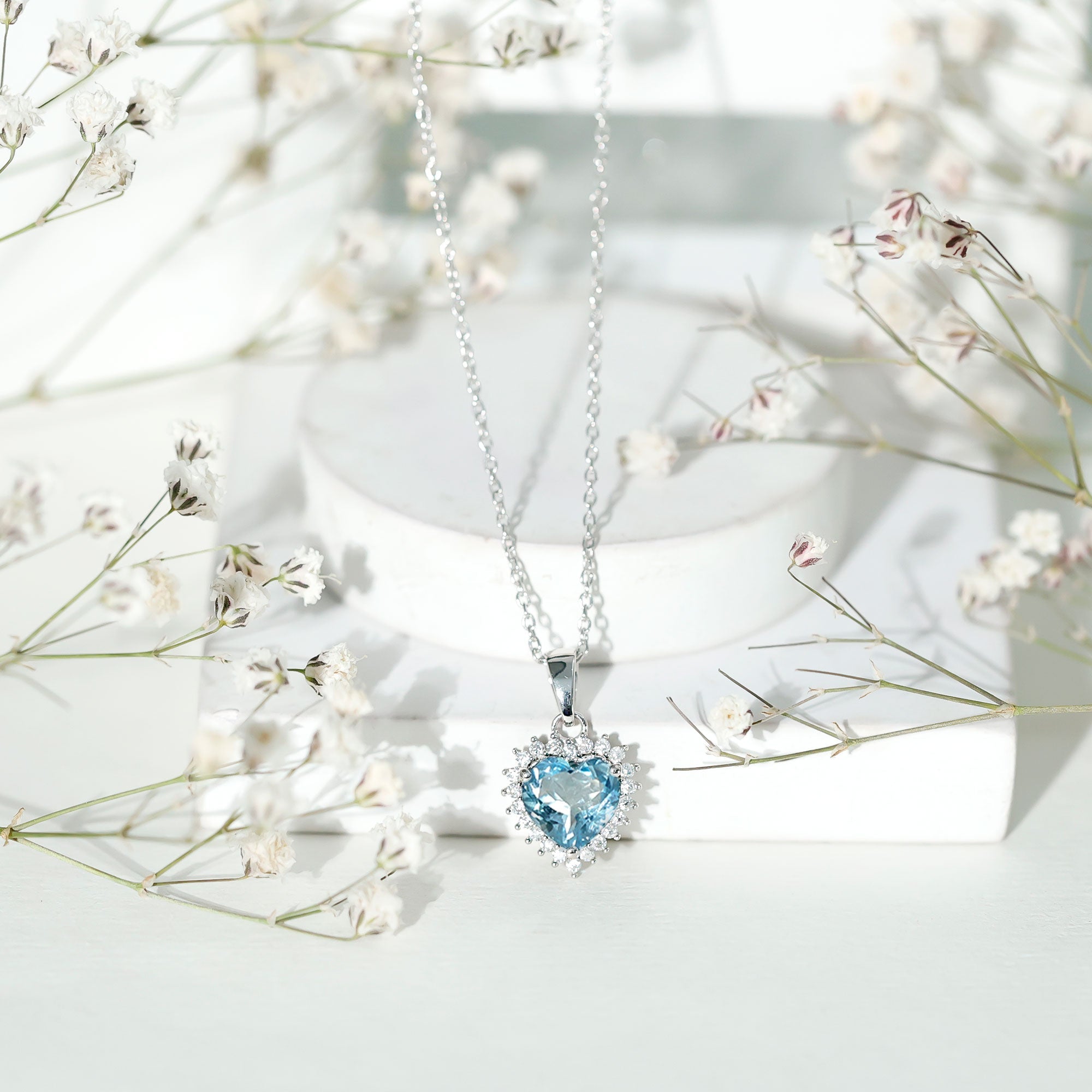 Real Sky Blue Topaz Heart Necklace with Moissanite Halo