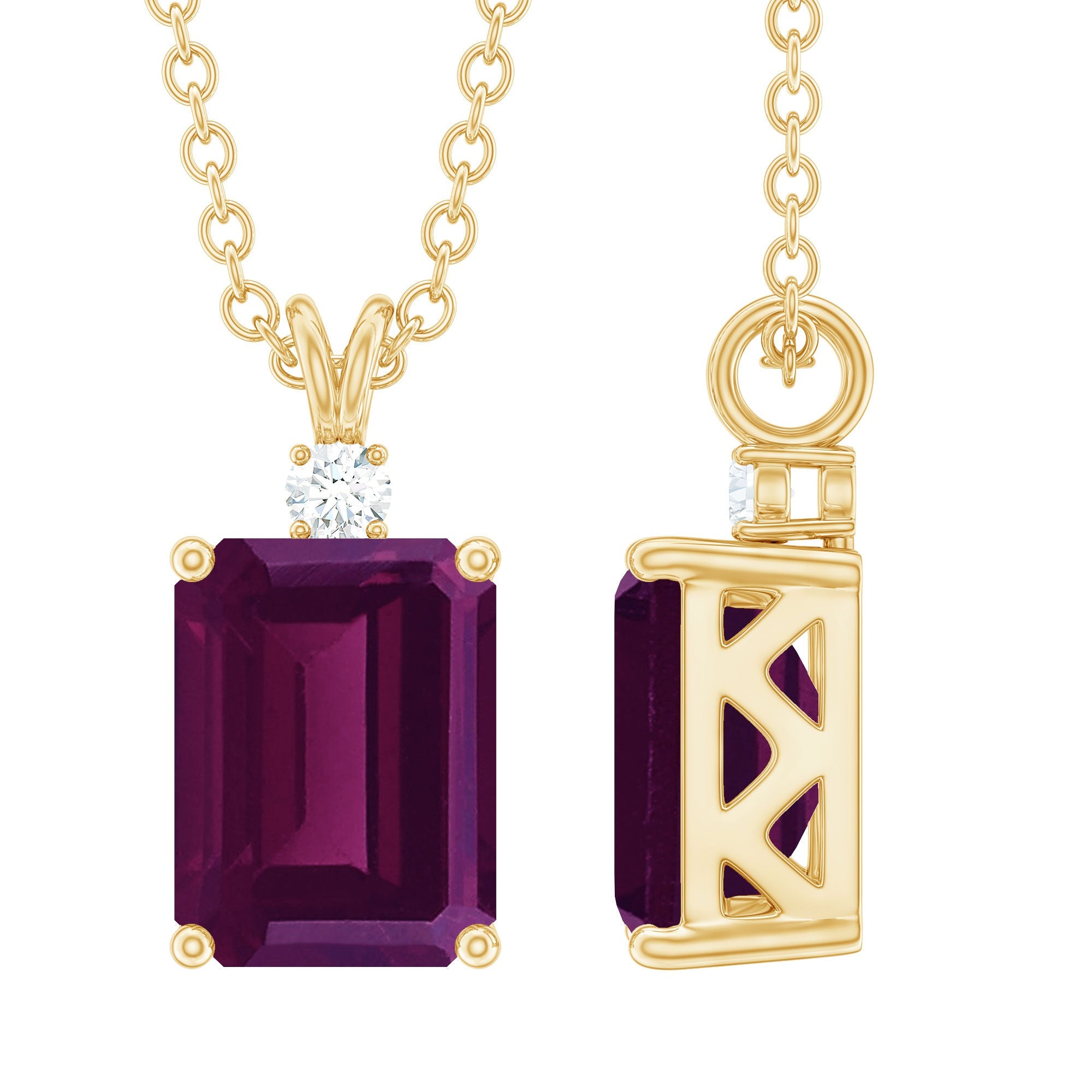 Emerald Cut Rhodolite Solitaire Necklace with Silver Chain