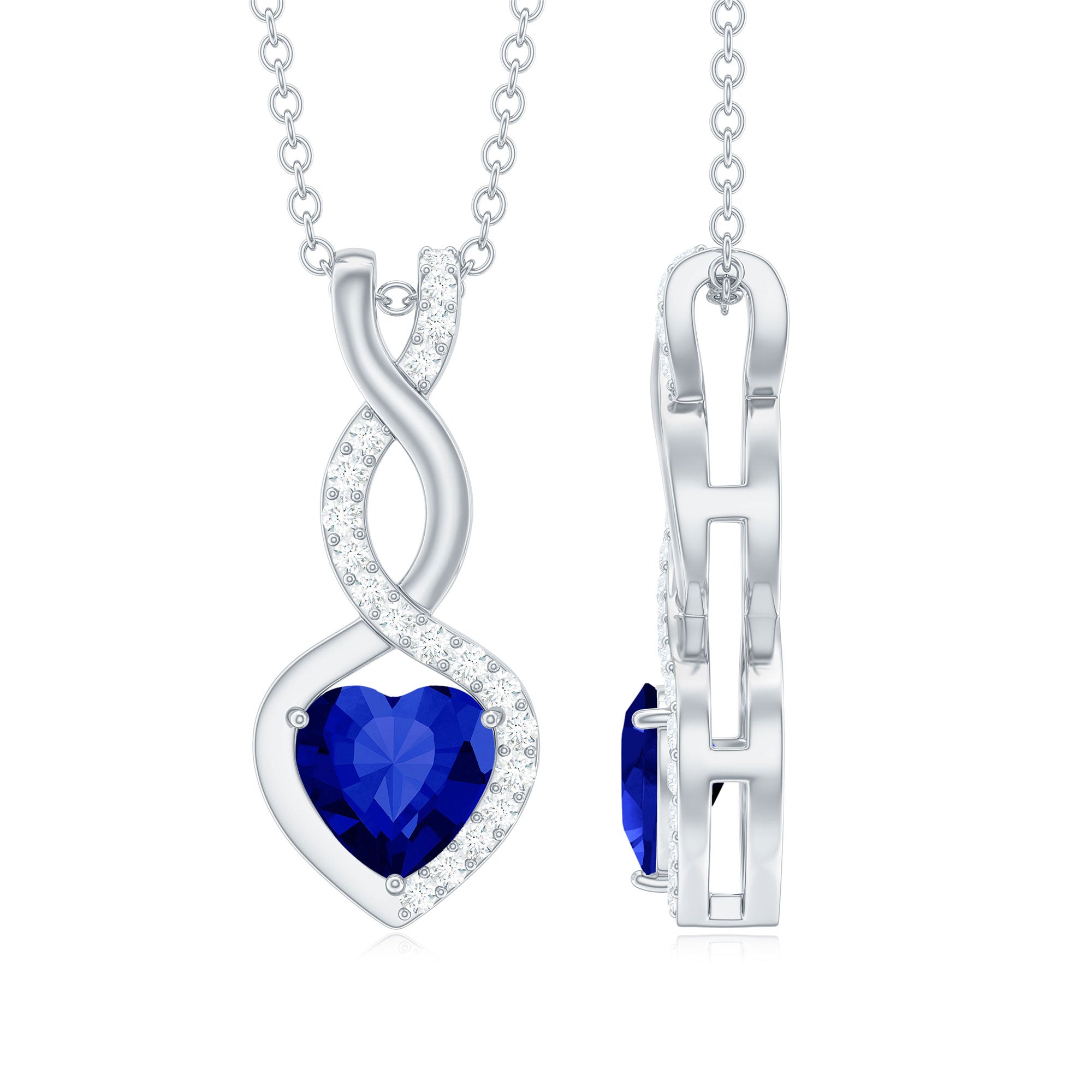 Lab Grown Blue Sapphire and Moissanite Infinity Heart Necklace with Chain
