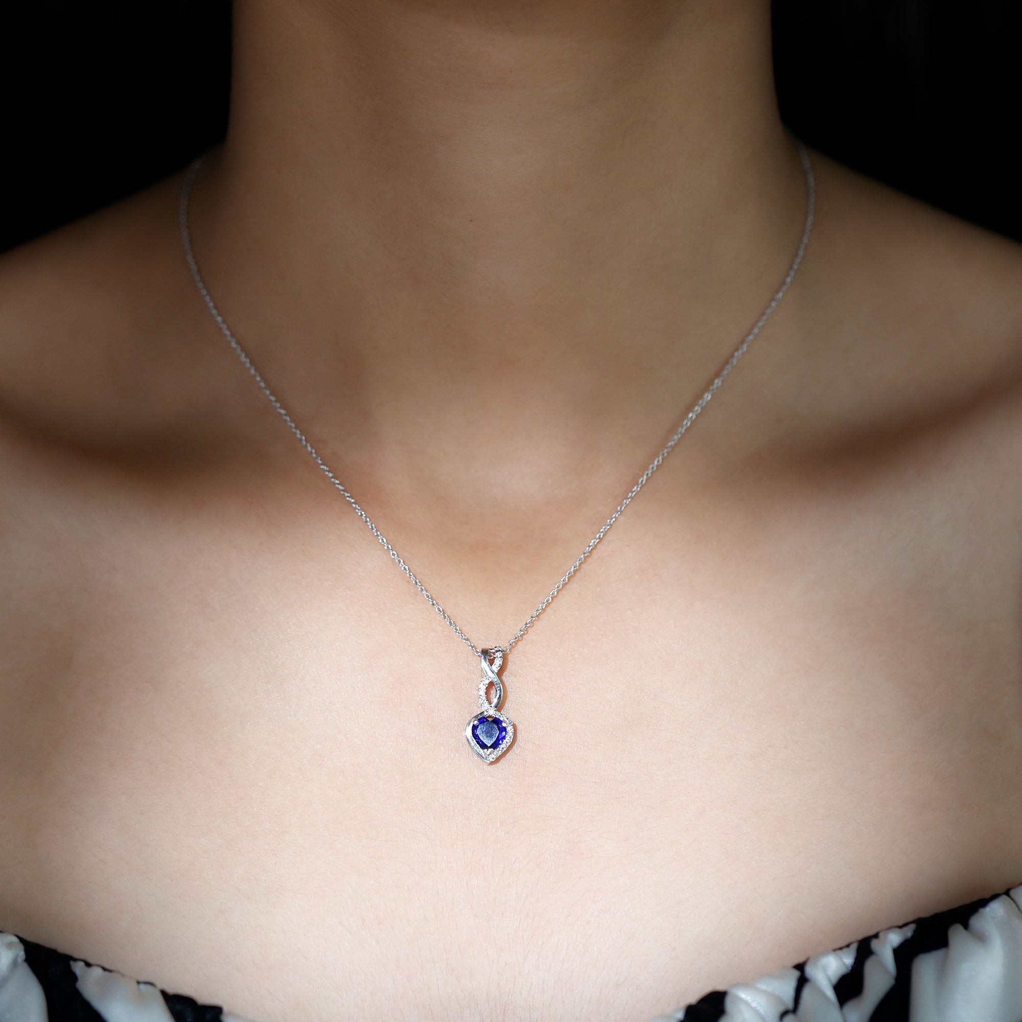 Lab Grown Blue Sapphire and Moissanite Infinity Heart Necklace with Chain