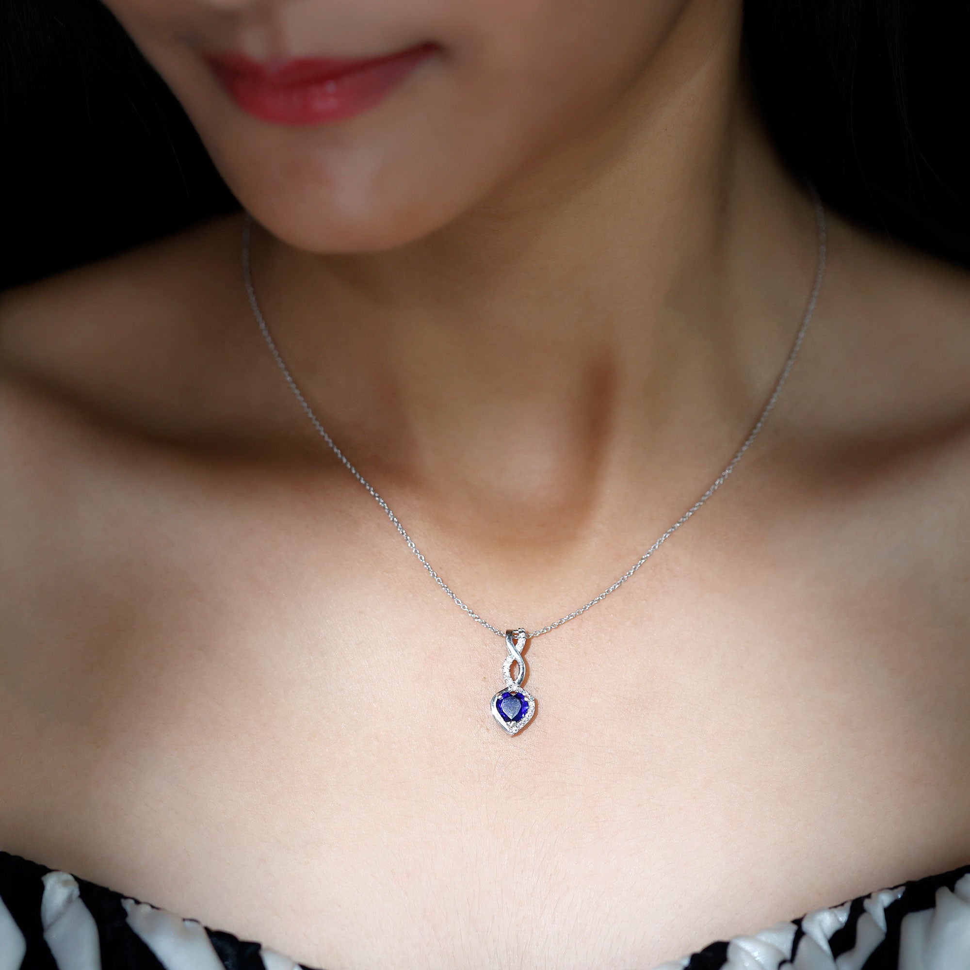 Lab Grown Blue Sapphire and Moissanite Infinity Heart Necklace with Chain