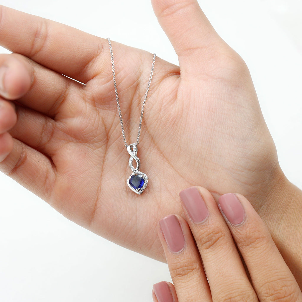 Lab Grown Blue Sapphire and Moissanite Infinity Heart Necklace with Chain