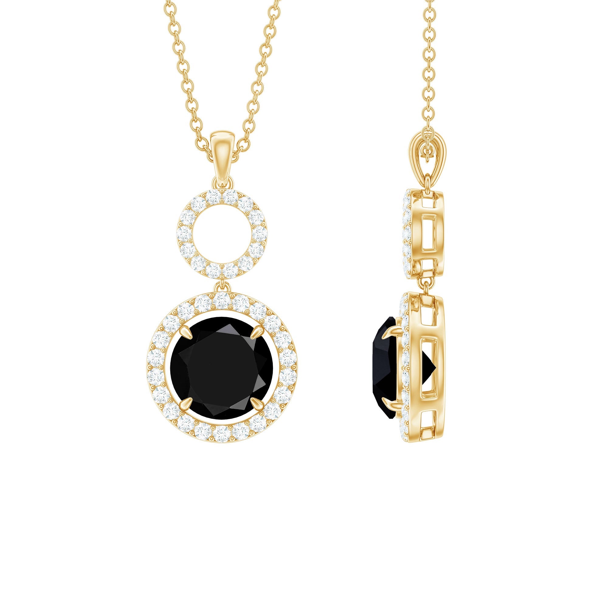 Natural 8 MM Round Black Onyx Necklace with Diamond Halo