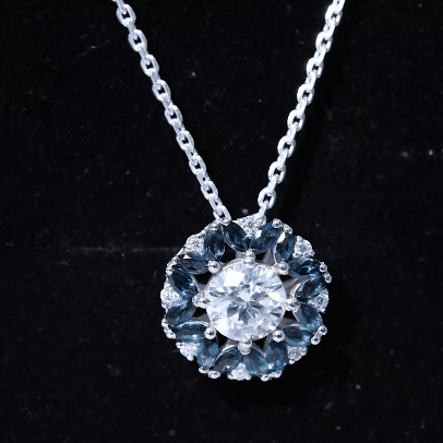 Moissanite Statement Halo Necklace with London Blue Topaz