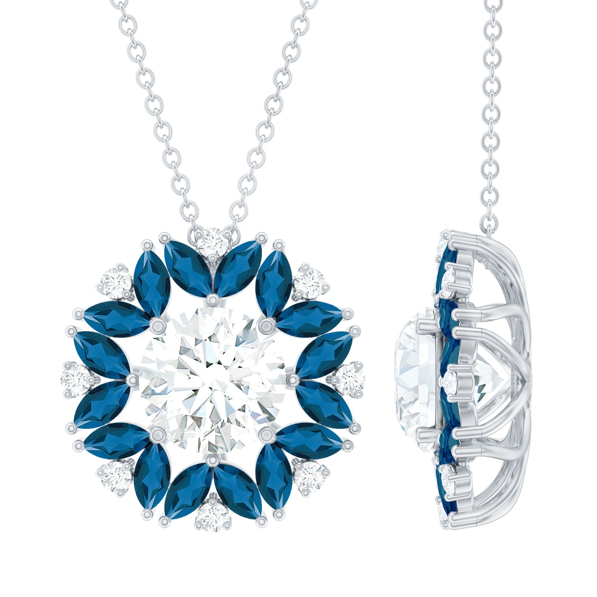 Moissanite Statement Halo Necklace with London Blue Topaz