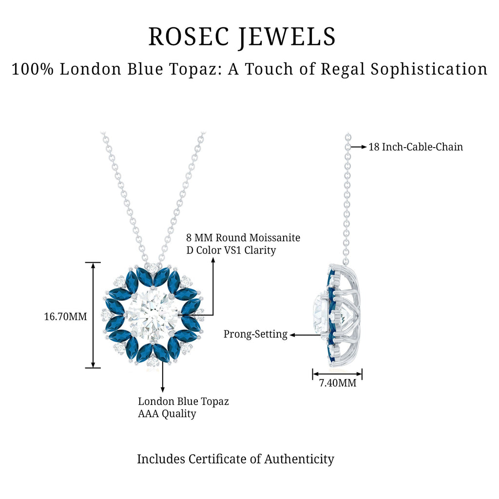 Moissanite Statement Halo Necklace with London Blue Topaz