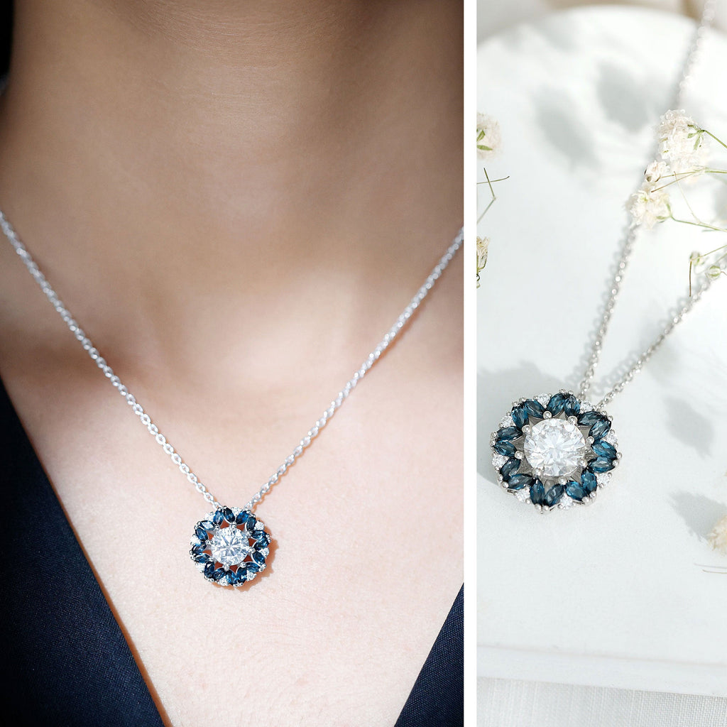 Moissanite Statement Halo Necklace with London Blue Topaz
