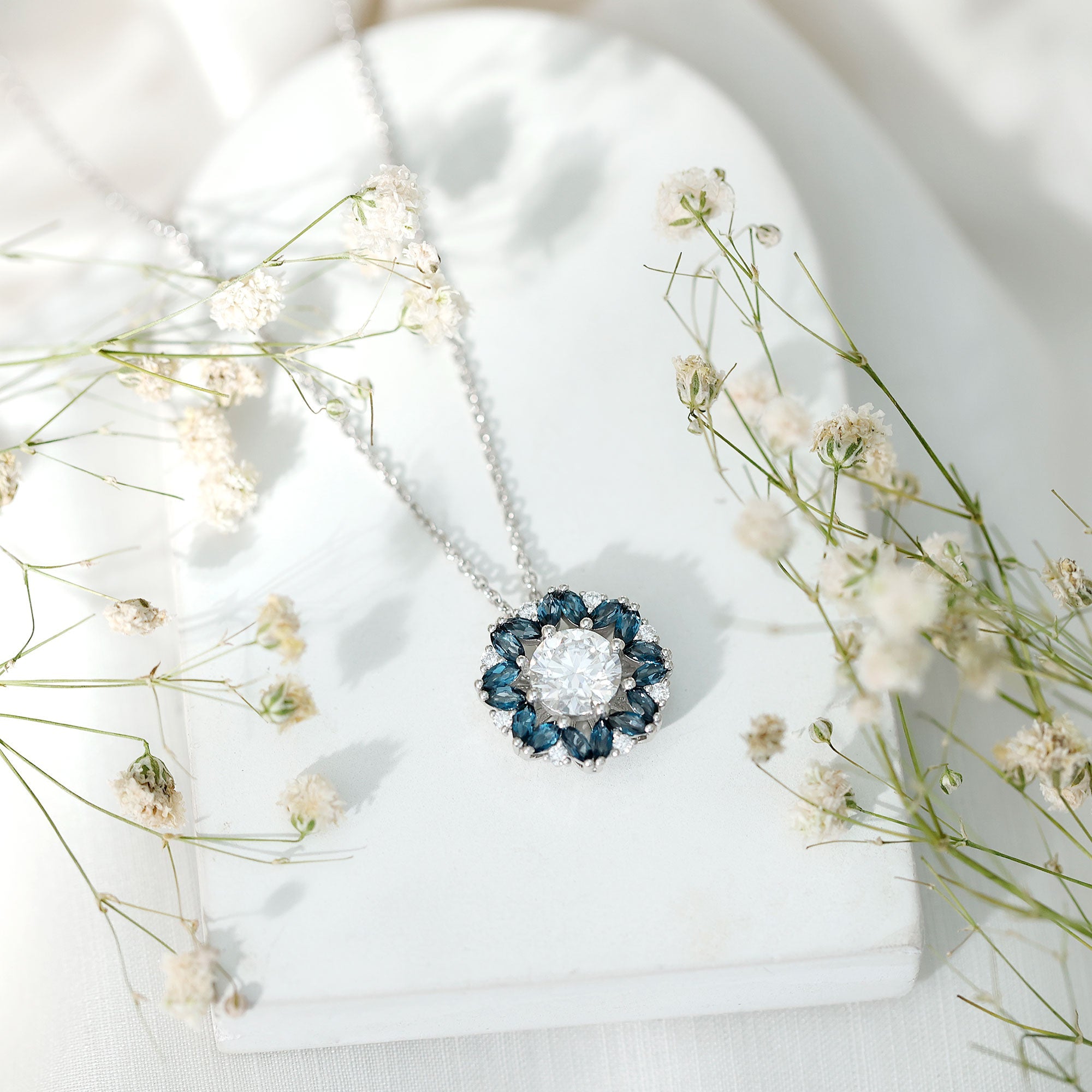 Moissanite Statement Halo Necklace with London Blue Topaz