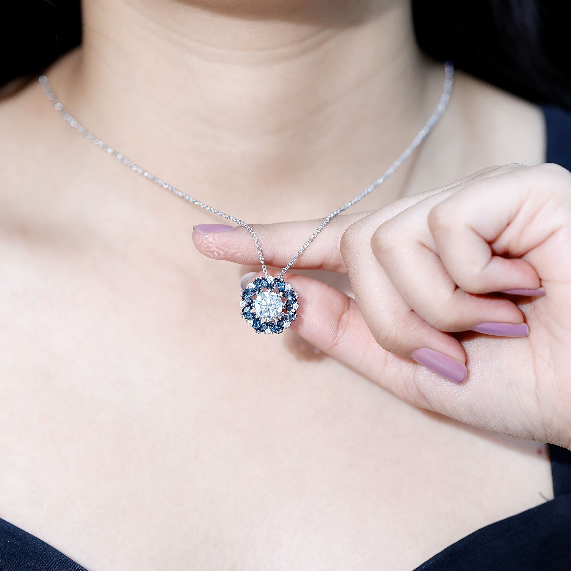 Moissanite Statement Halo Necklace with London Blue Topaz