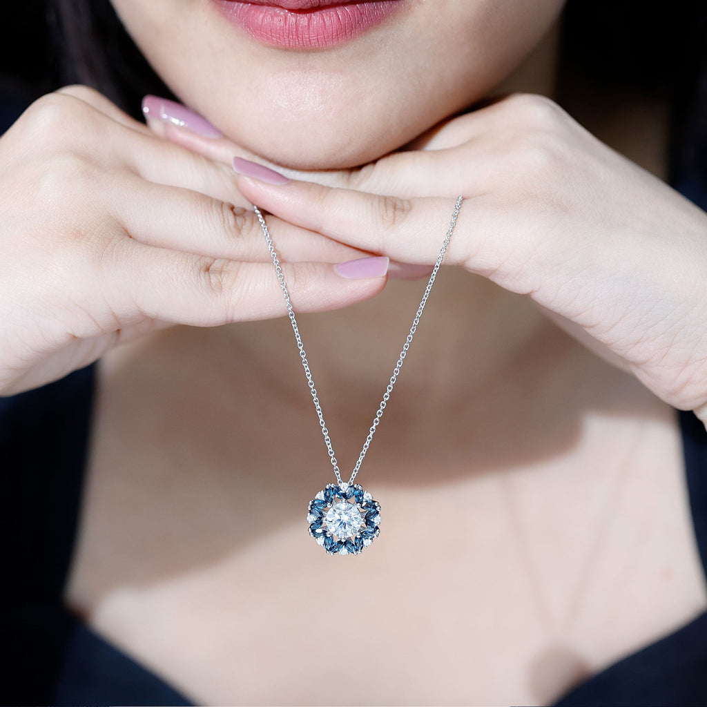 Moissanite Statement Halo Necklace with London Blue Topaz