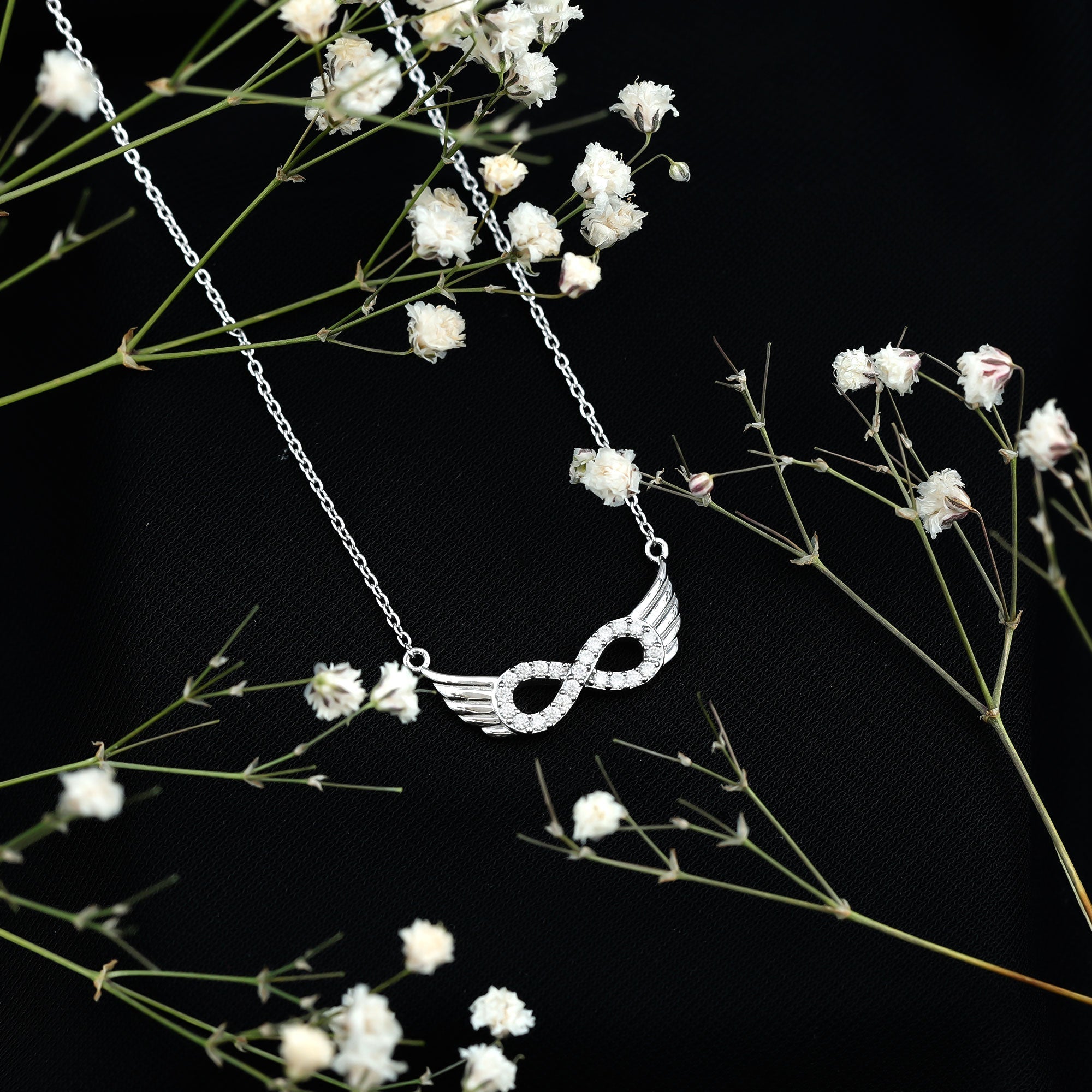14K Gold Plated Silver Pave Set Moissanite Infinity Necklace with Wings