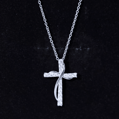 Certified Moissanite Double Cross Pendant Necklace in Silver