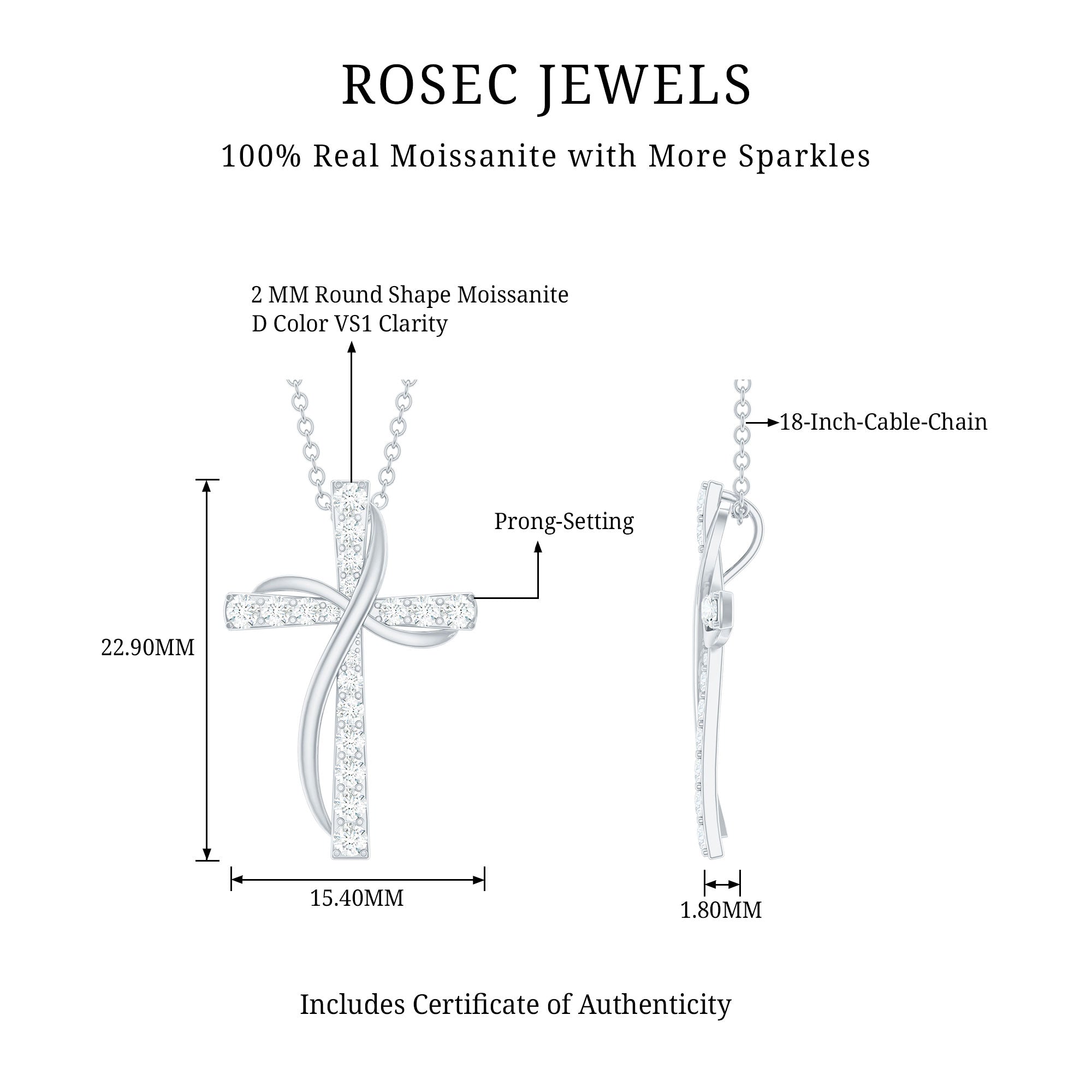 Certified Moissanite Double Cross Pendant Necklace in Silver