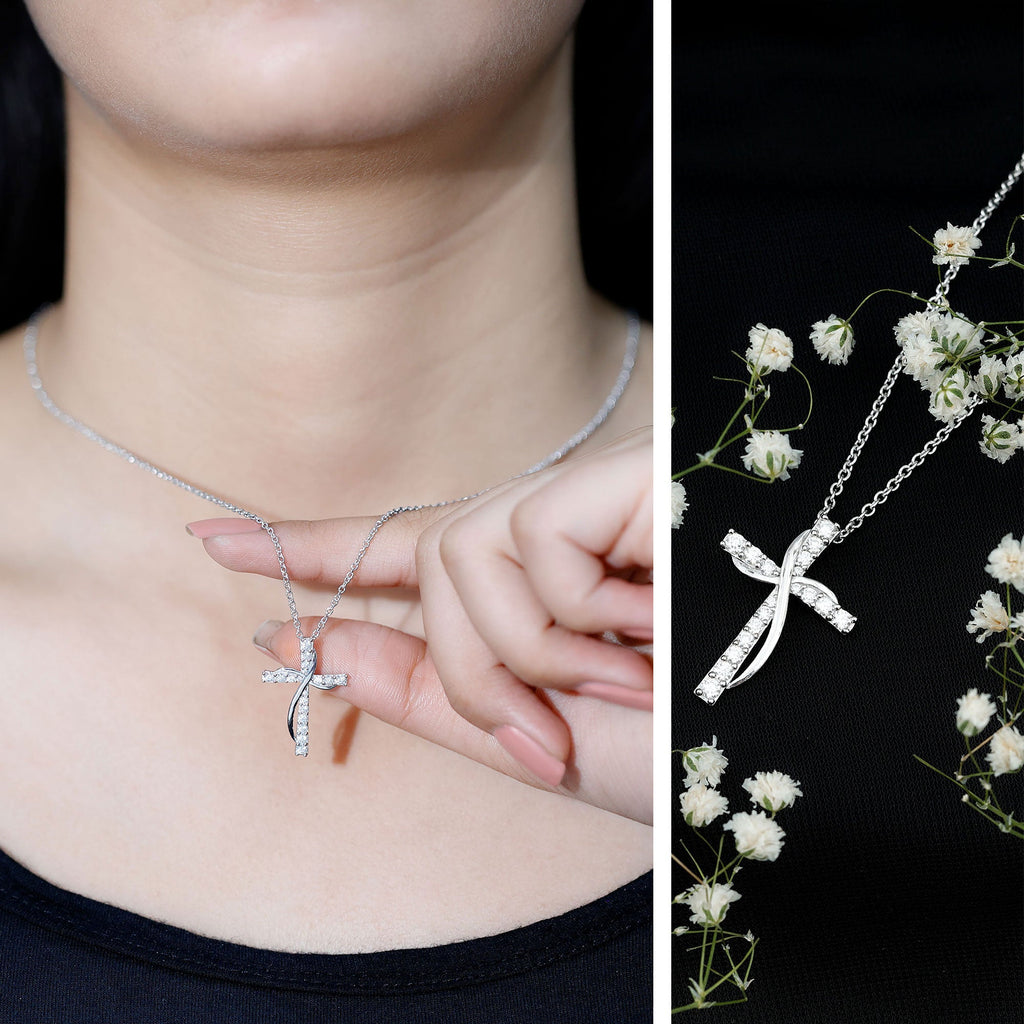 Certified Moissanite Double Cross Pendant Necklace in Silver