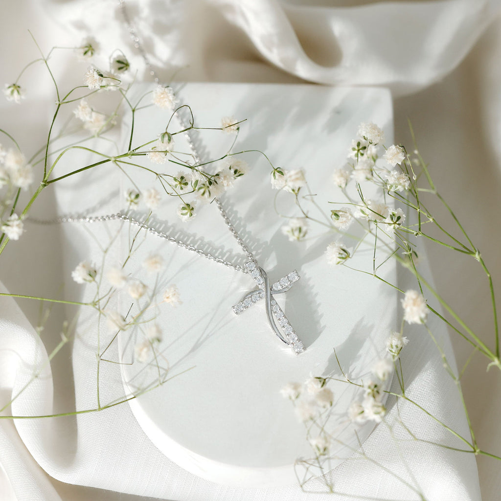 Certified Moissanite Double Cross Pendant Necklace in Silver