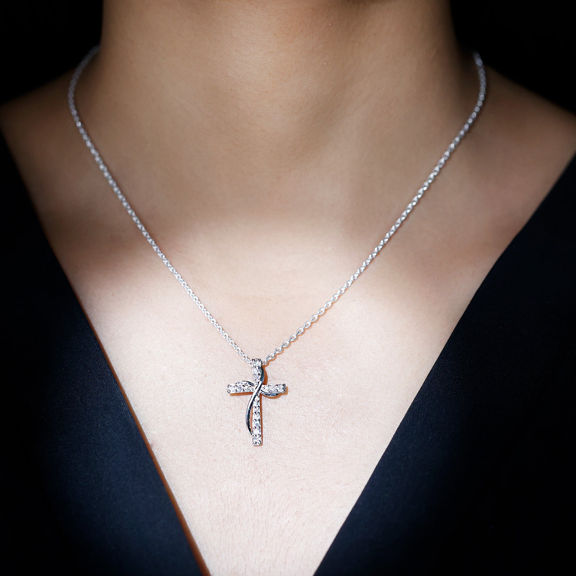 Certified Moissanite Double Cross Pendant Necklace in Silver