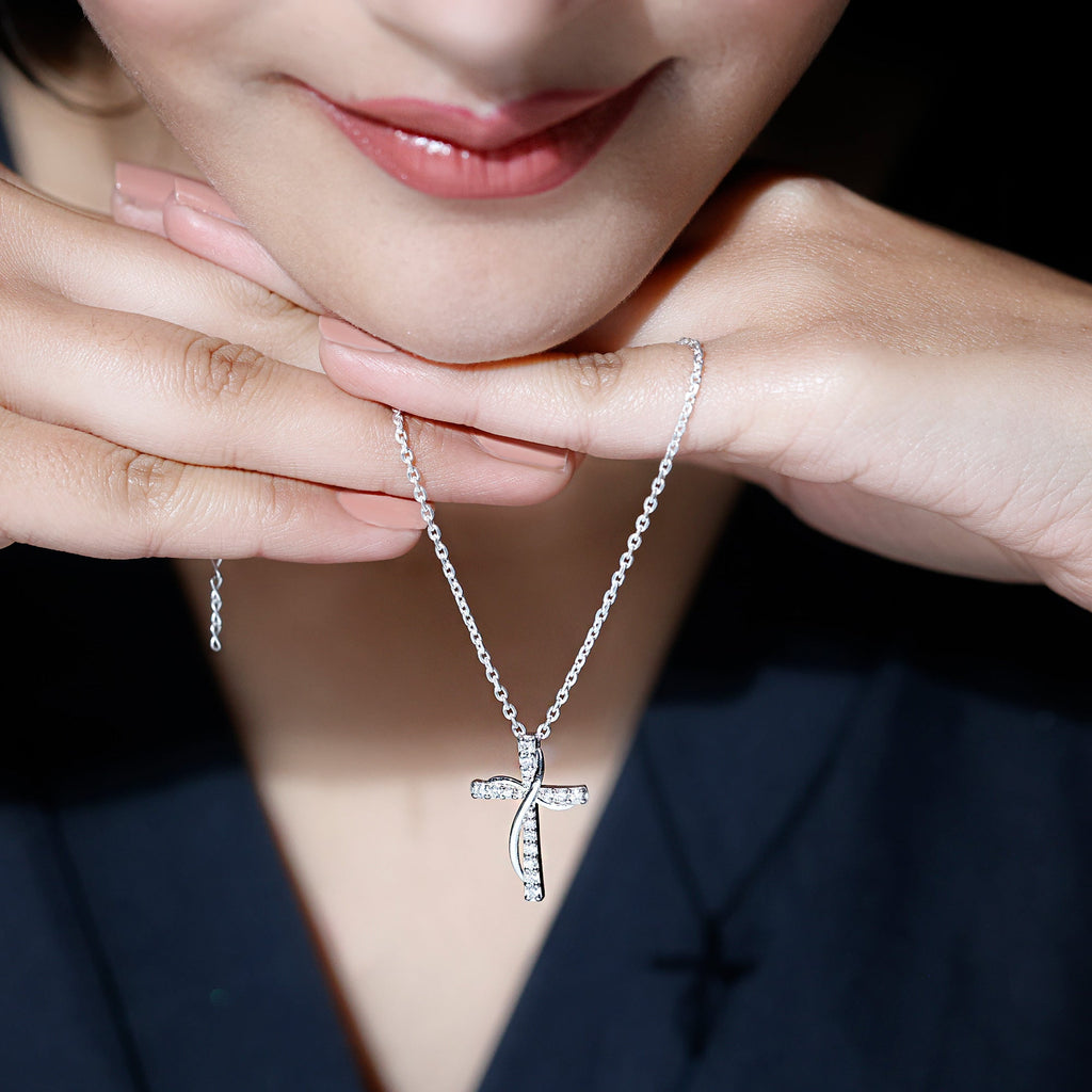 Certified Moissanite Double Cross Pendant Necklace in Silver