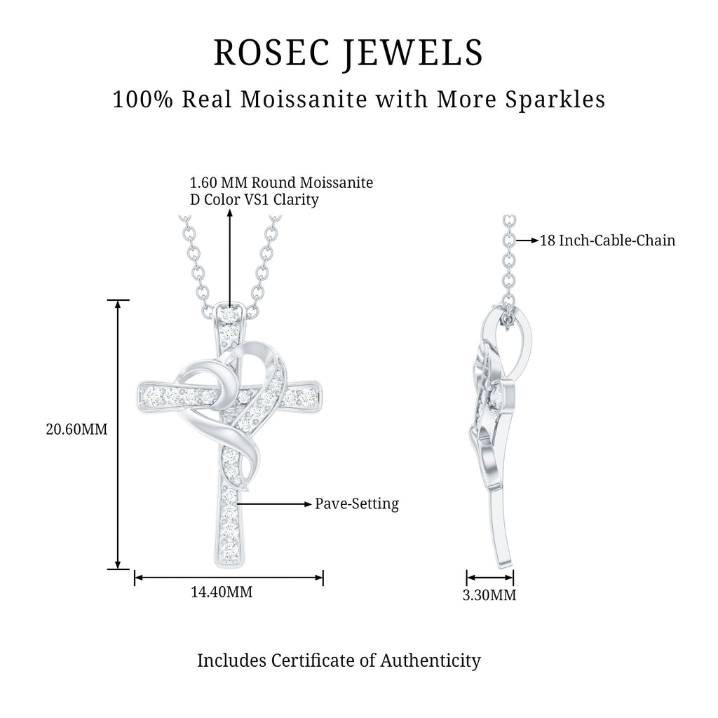 Certified Moissanite Cross Heart Necklace with Silver Chain