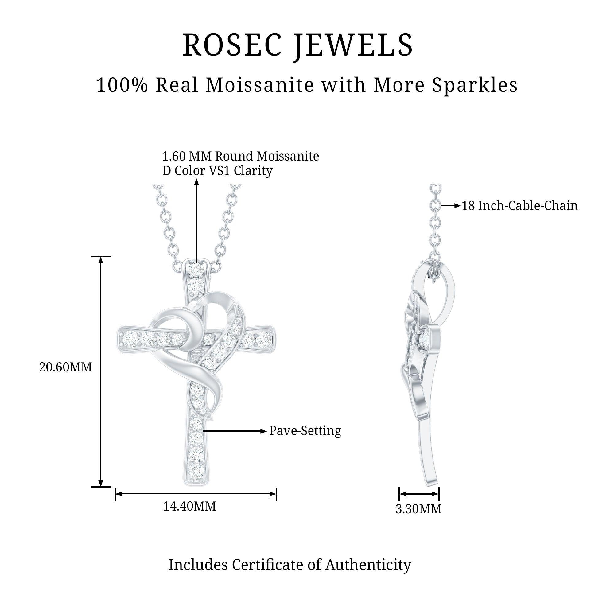 Certified Moissanite Cross Heart Necklace with Silver Chain
