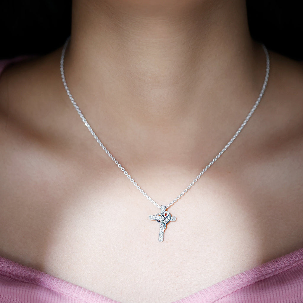 Certified Moissanite Cross Heart Necklace with Silver Chain