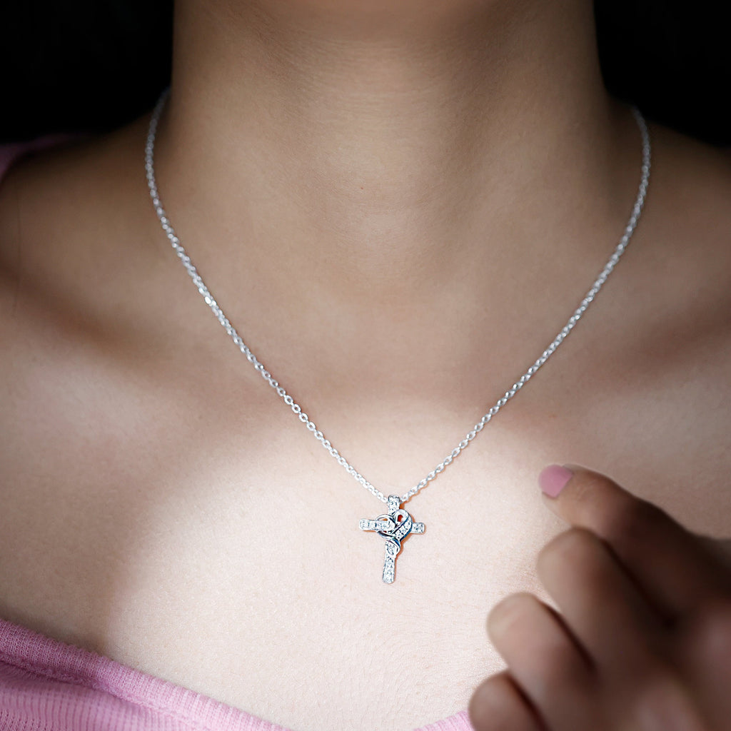 Certified Moissanite Cross Heart Necklace with Silver Chain