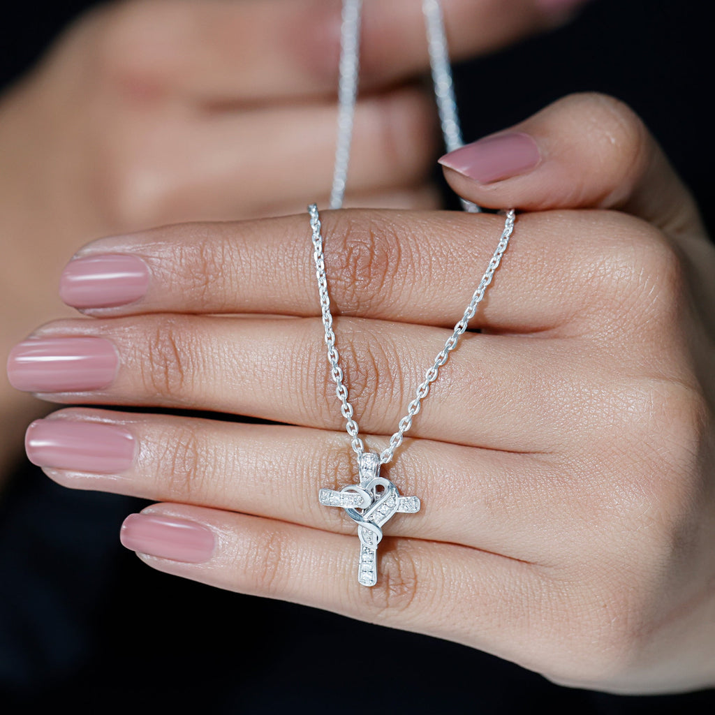 Certified Moissanite Cross Heart Necklace with Silver Chain