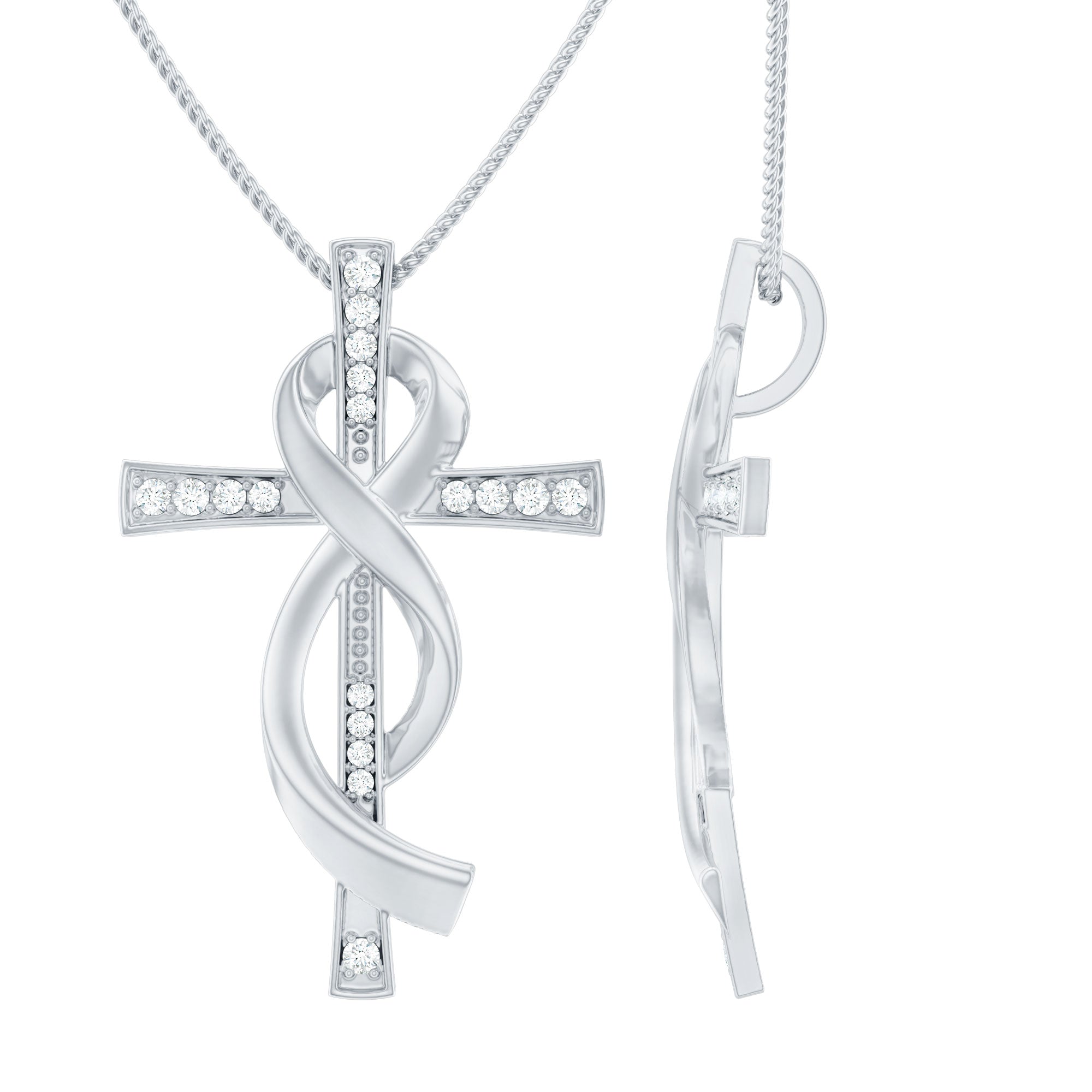 Pave Set Moissanite Cross Infinity Necklace with Silver Chain