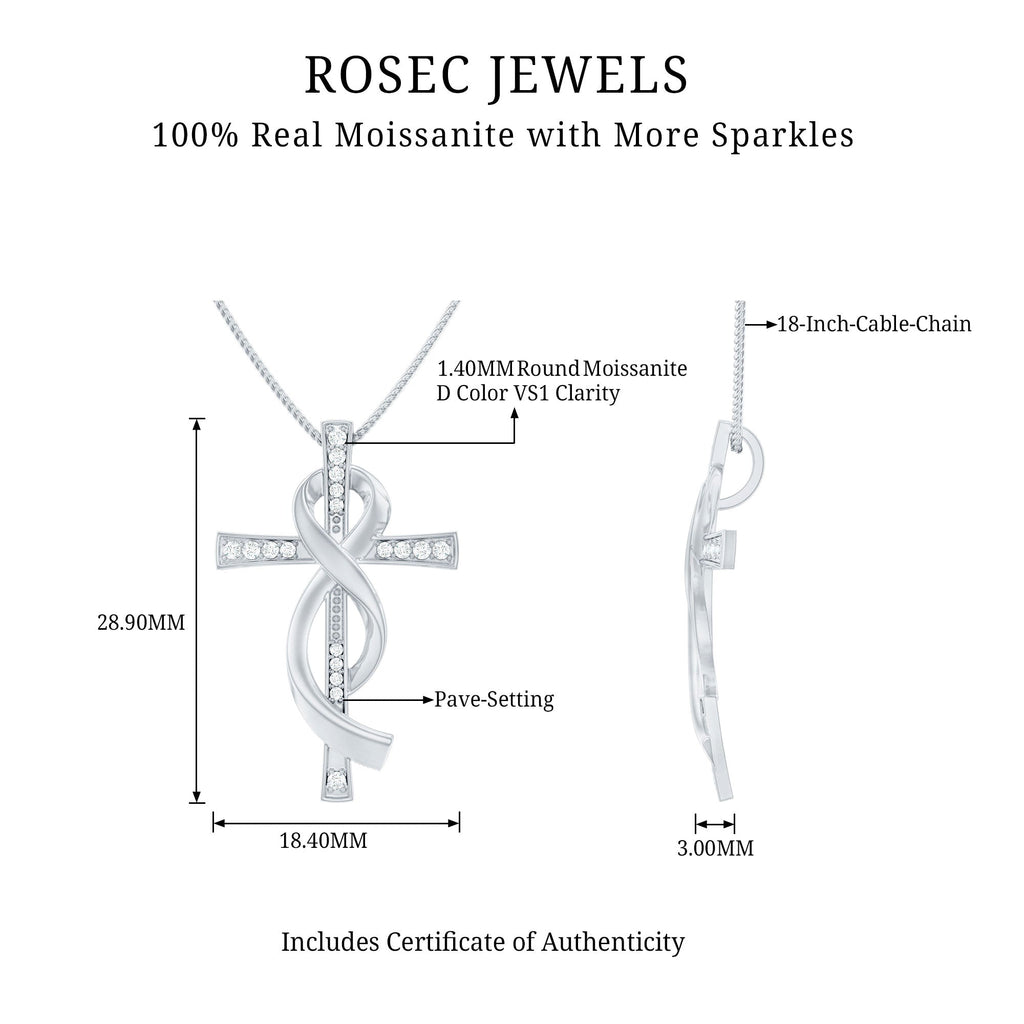 Pave Set Moissanite Cross Infinity Necklace with Silver Chain