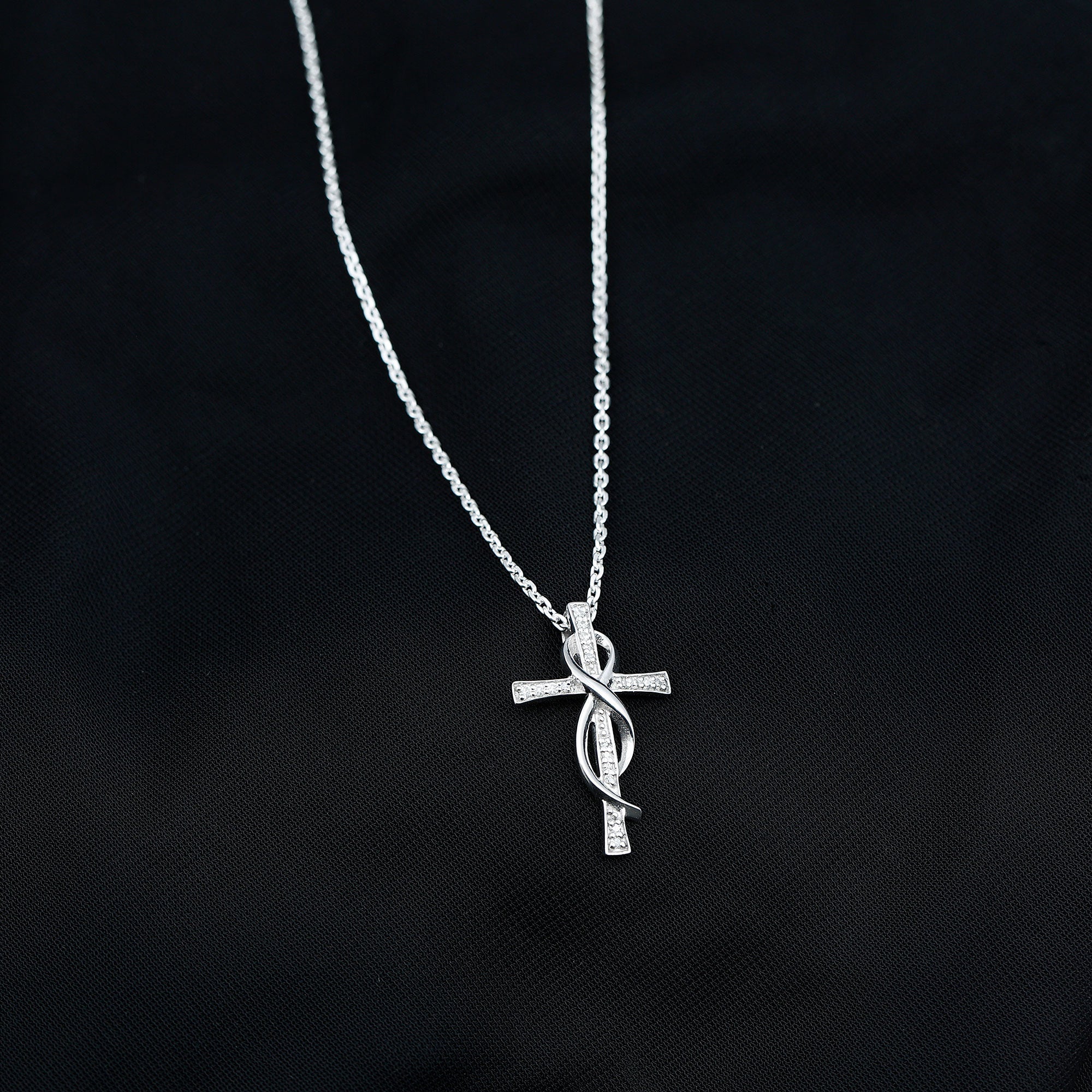 Pave Set Moissanite Cross Infinity Necklace with Silver Chain
