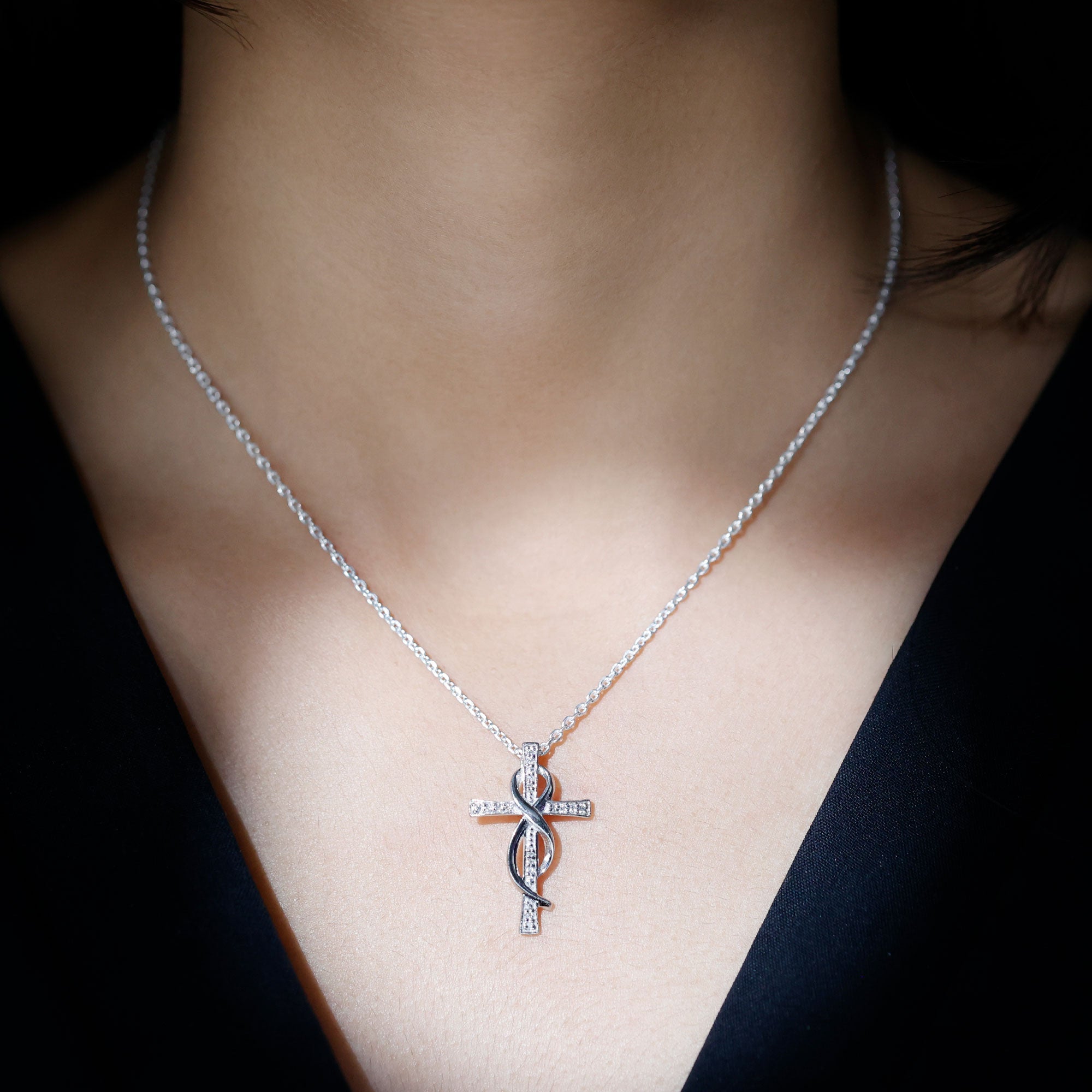 Pave Set Moissanite Cross Infinity Necklace with Silver Chain