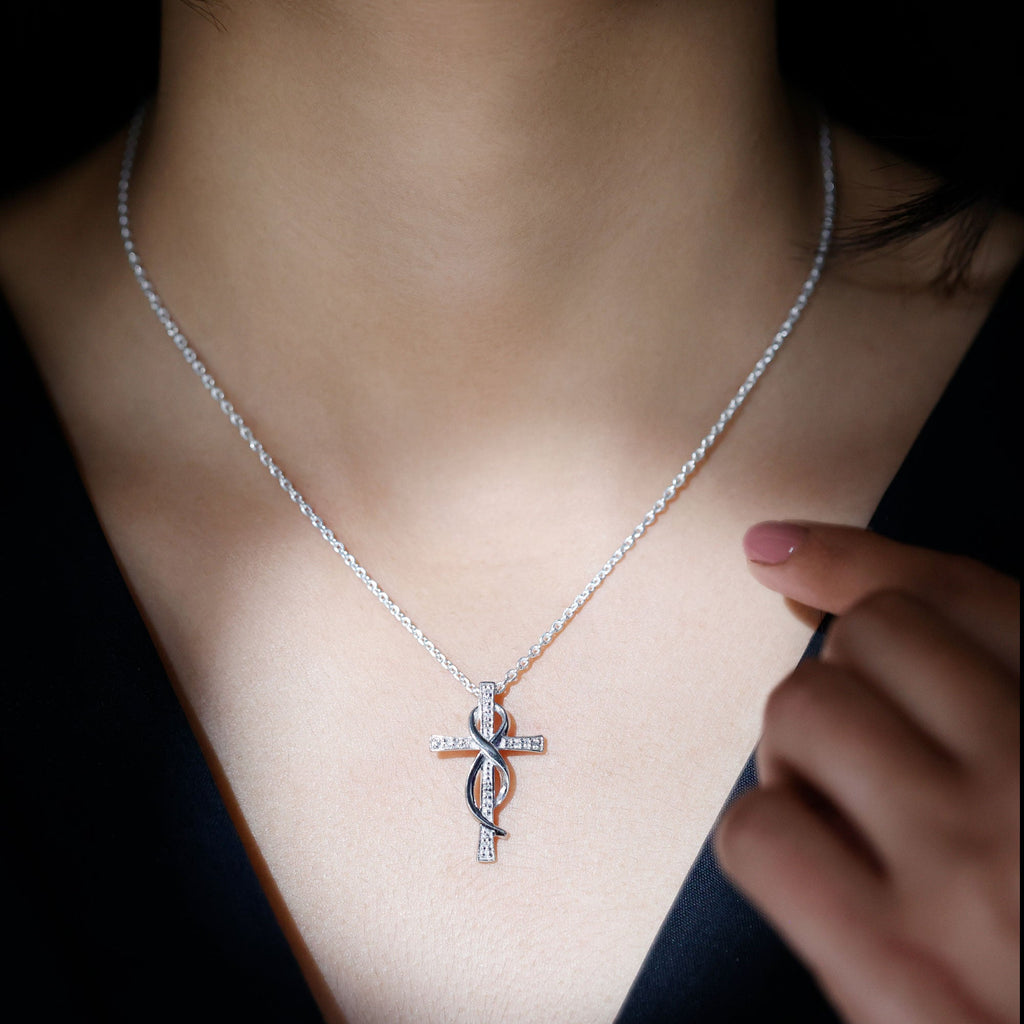 Pave Set Moissanite Cross Infinity Necklace with Silver Chain