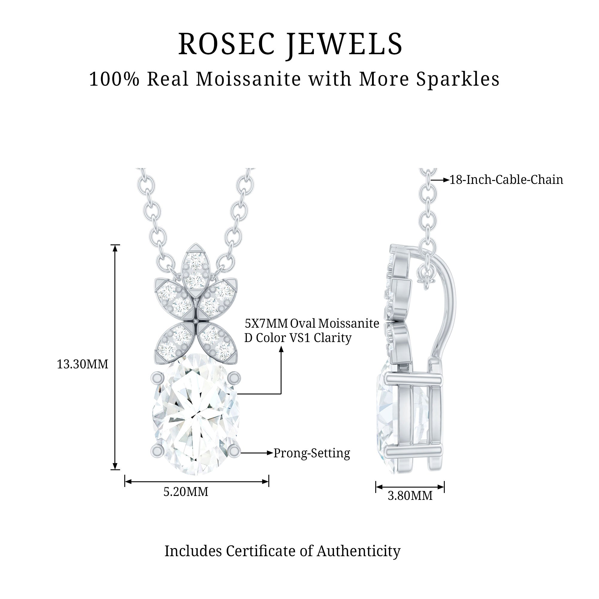Certified Oval Shaped Moissanite Flower Pendant Necklace