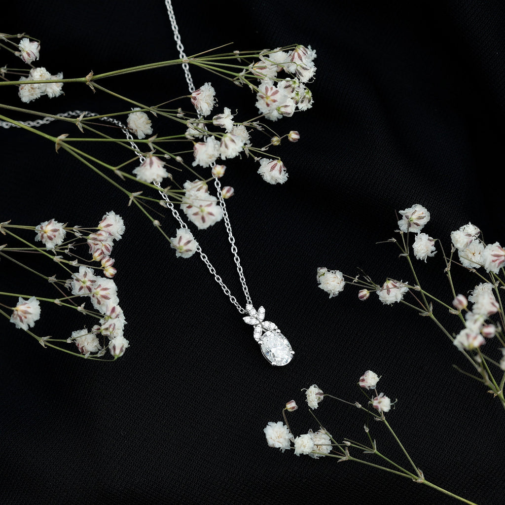 Certified Oval Shaped Moissanite Flower Pendant Necklace