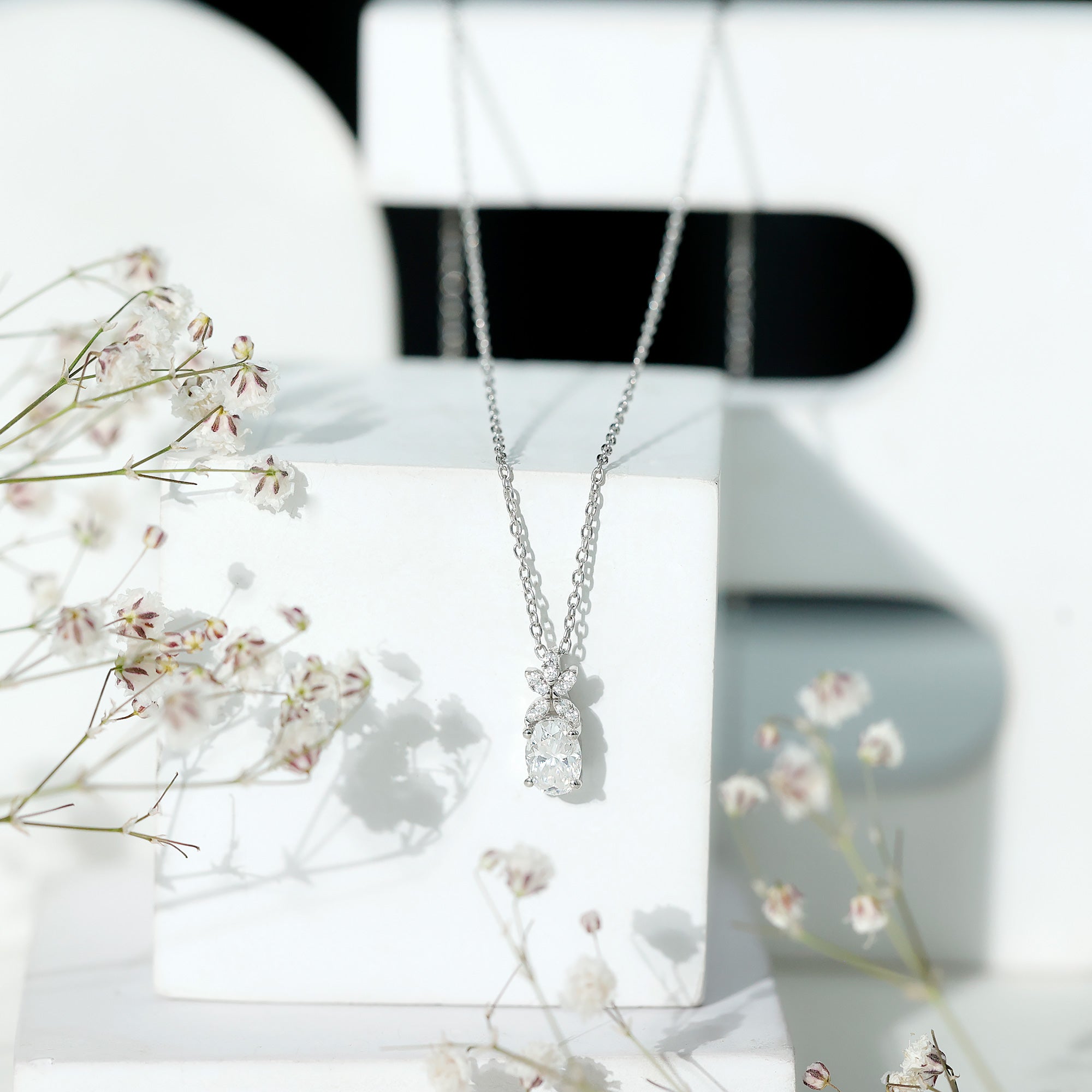 Certified Oval Shaped Moissanite Flower Pendant Necklace
