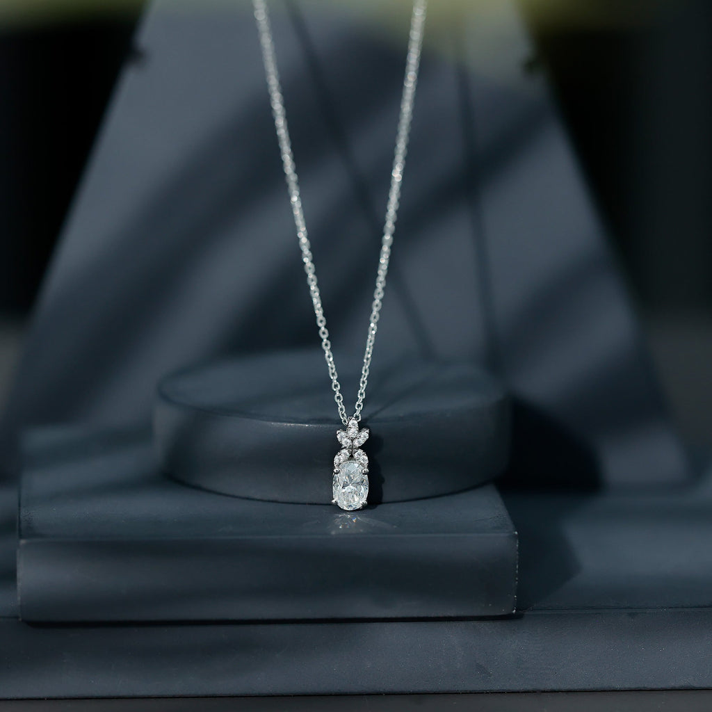 Certified Oval Shaped Moissanite Flower Pendant Necklace