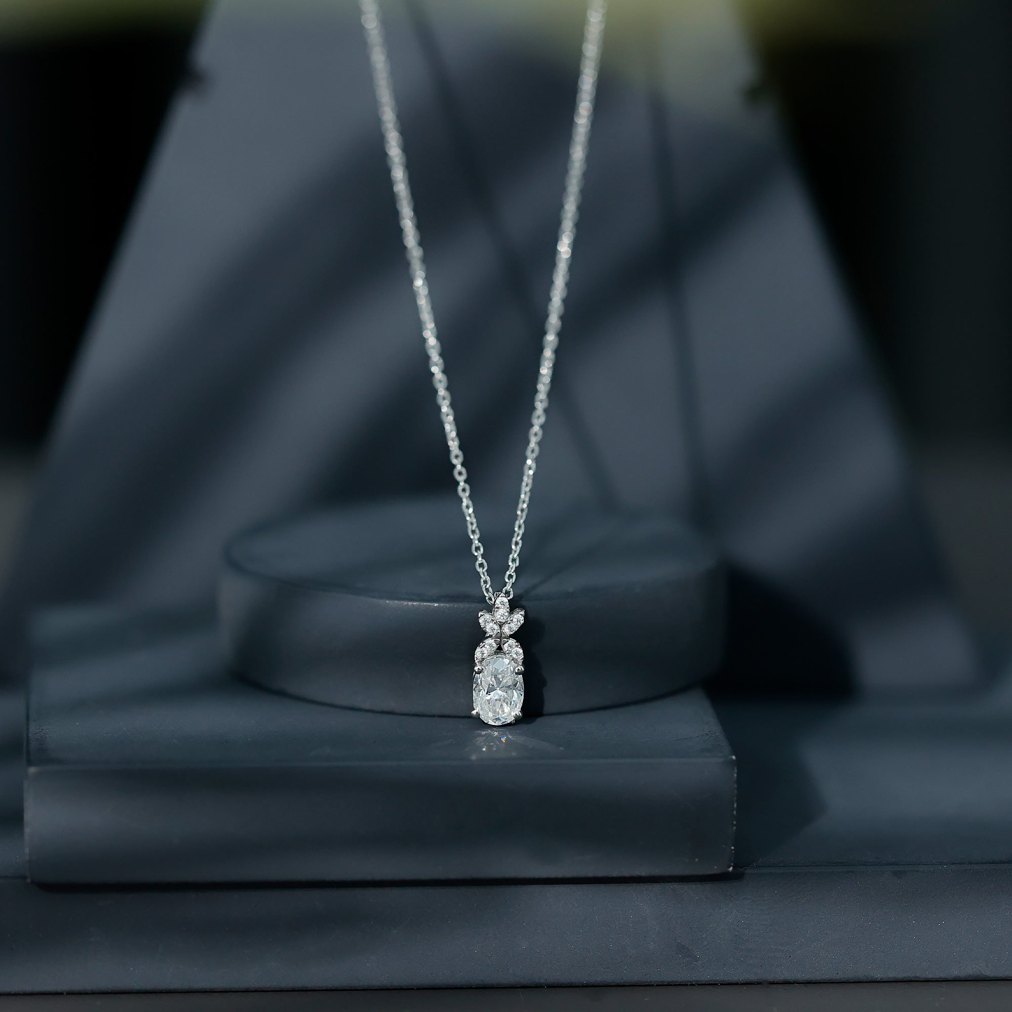 Certified Oval Shaped Moissanite Flower Pendant Necklace