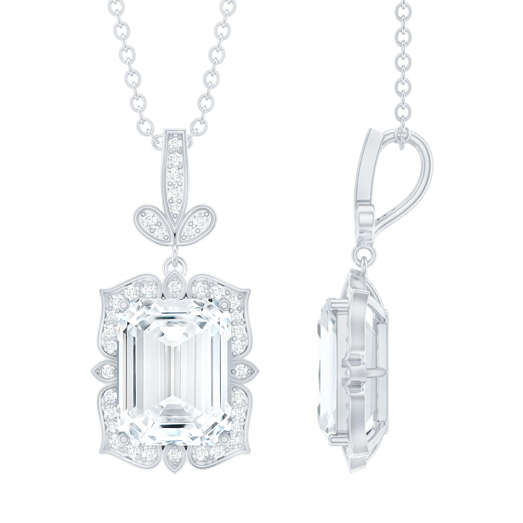 Vintage Inspired Moissanite Emerald Cut Necklace With Chain